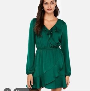 Express Satin Long Sleeve Wrap Dress XS Green City Elegant Skater #5555